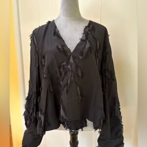 Frayed Detail Black V-Neck Women's Top by Stina Goya